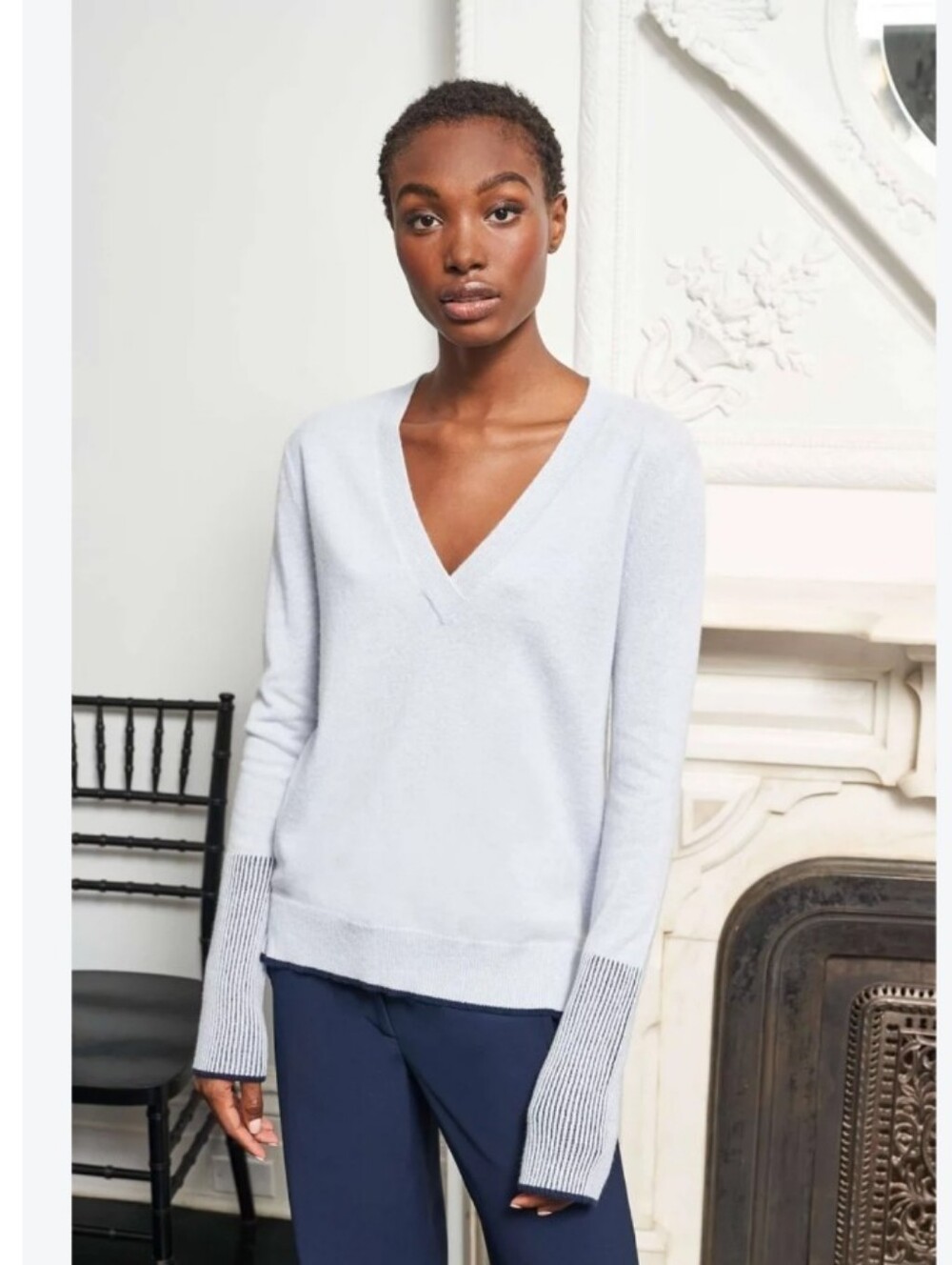 La Ligne light blue wool and cashmere V-neck sweater with subtle textured cuffs
